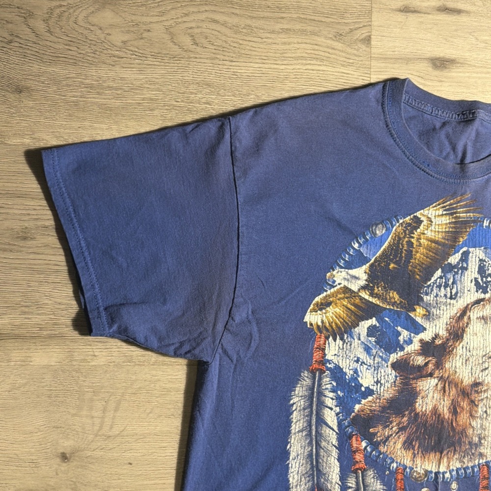 Vintage Wolf Dreamcatcher Eagle Graphic T Shirt XL Navy Y2K Nature Wildlife Tee - Picture 4 of 8